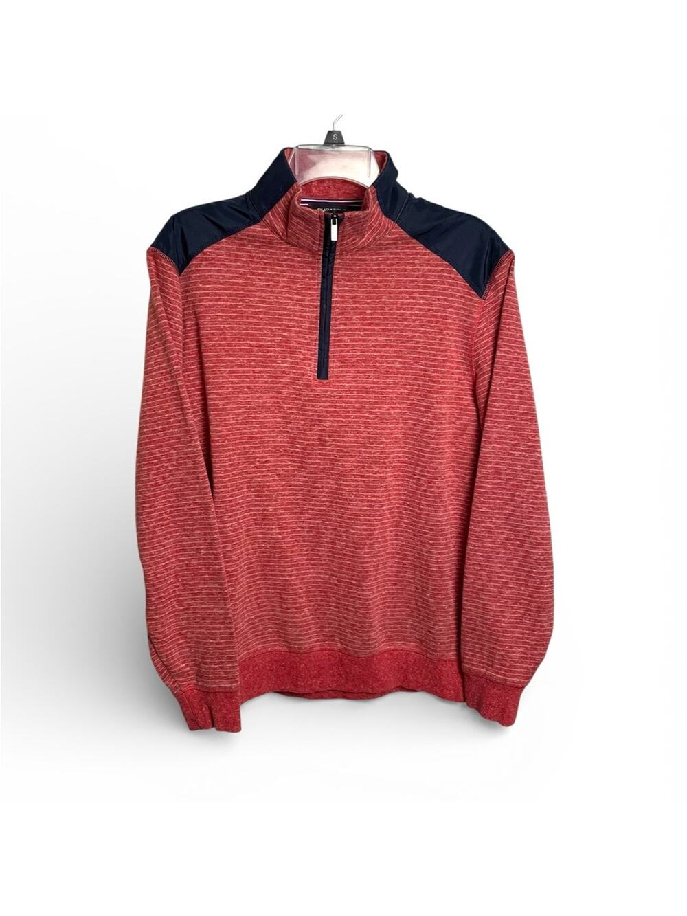 Bugatchi Red and navy 1/4 Zip Up striped Sweater size Large